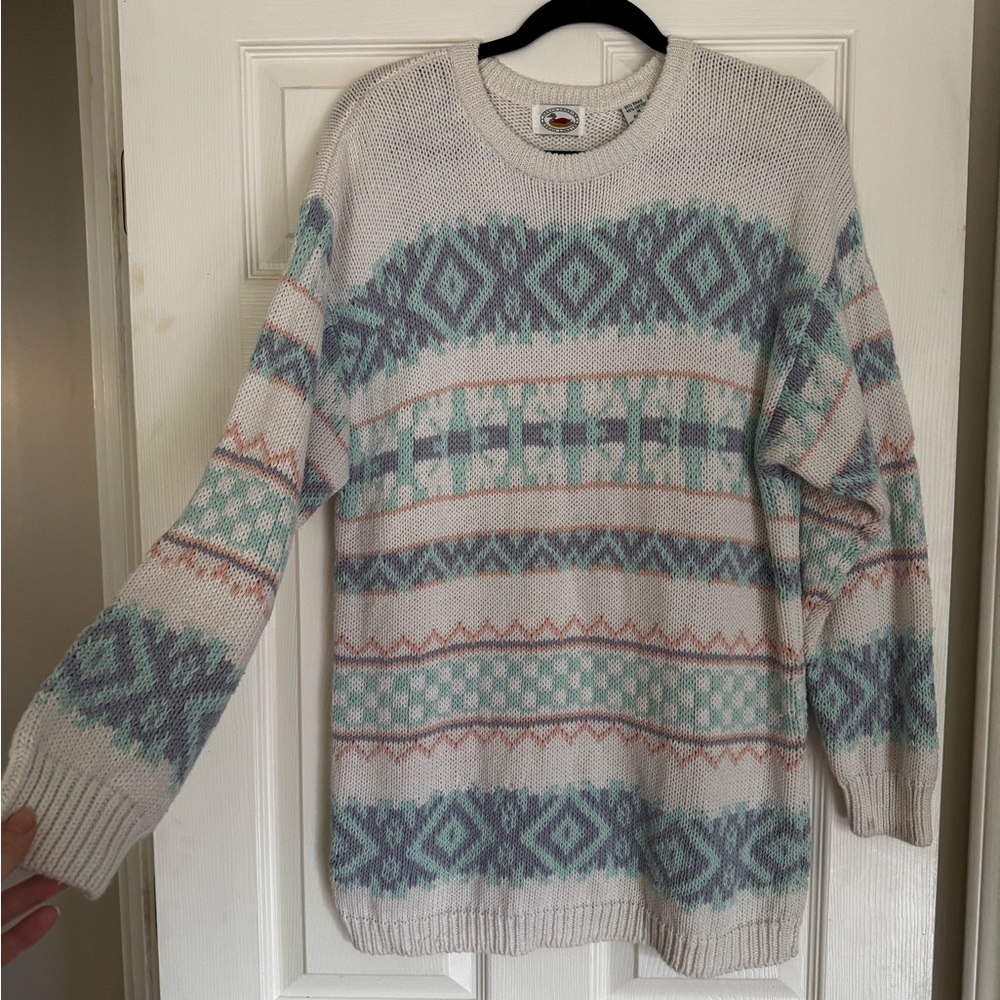 Marsh Landing Blue and Cream Crewneck Sweater with Fair Isle Pattern
